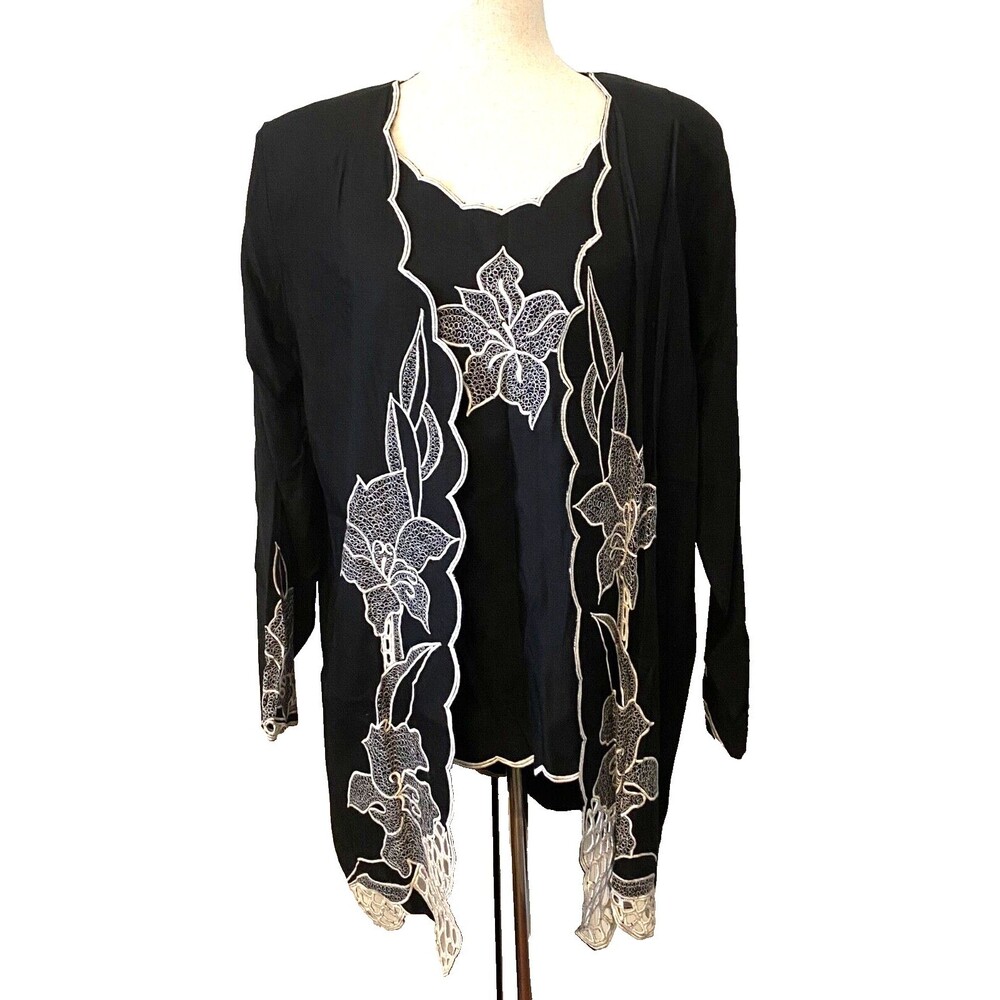 Vtg Marcia & Me Women's M 2pc Tank Cami Cardigan Blouse Floral Embroidery Eyelet